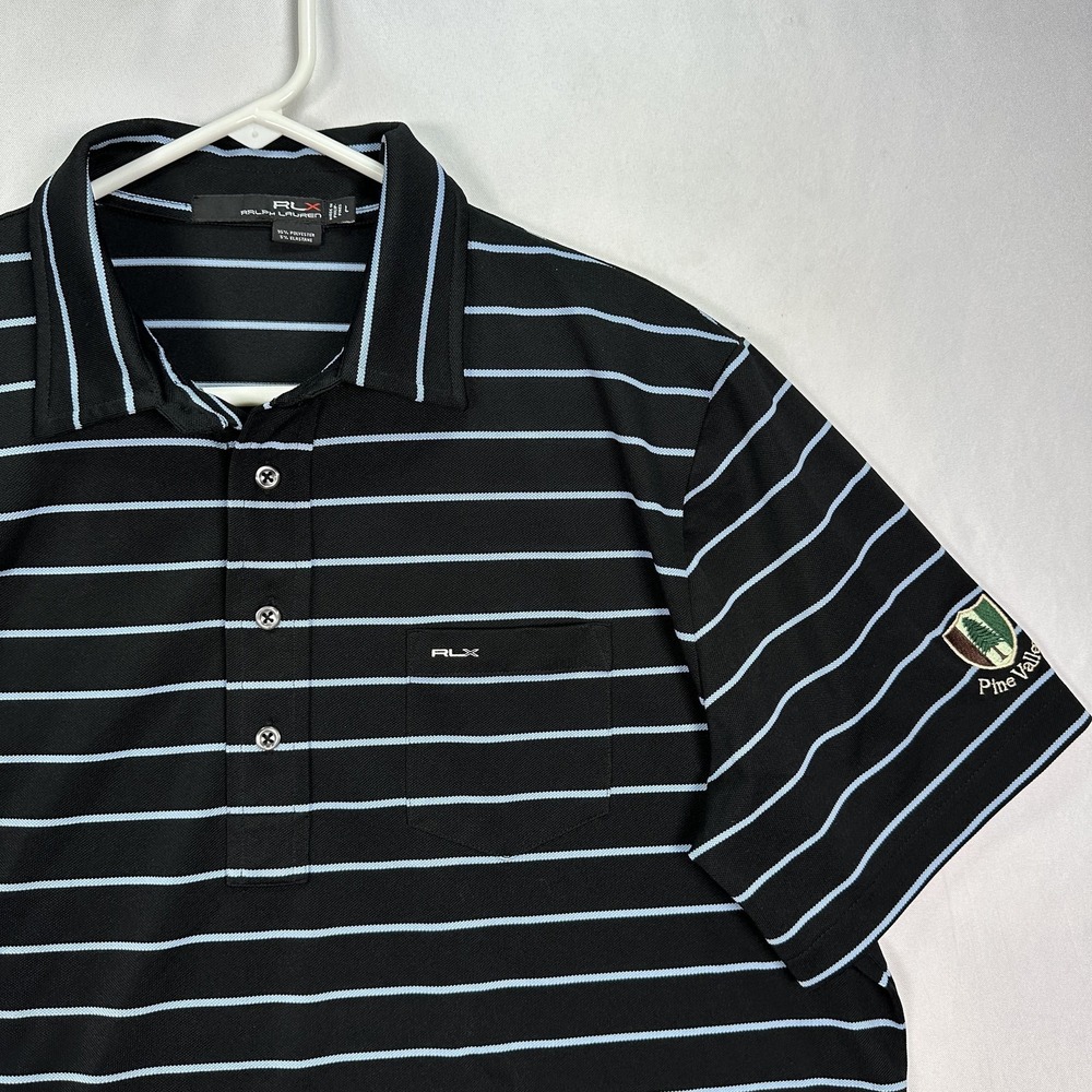 RLX Ralph Lauren Polo Shirt Men Large Black Striped Pine Valley Golf Performance